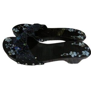 Oriental Hand Painted Flowers Floral Black Lucite Block Heel Sandals size 9